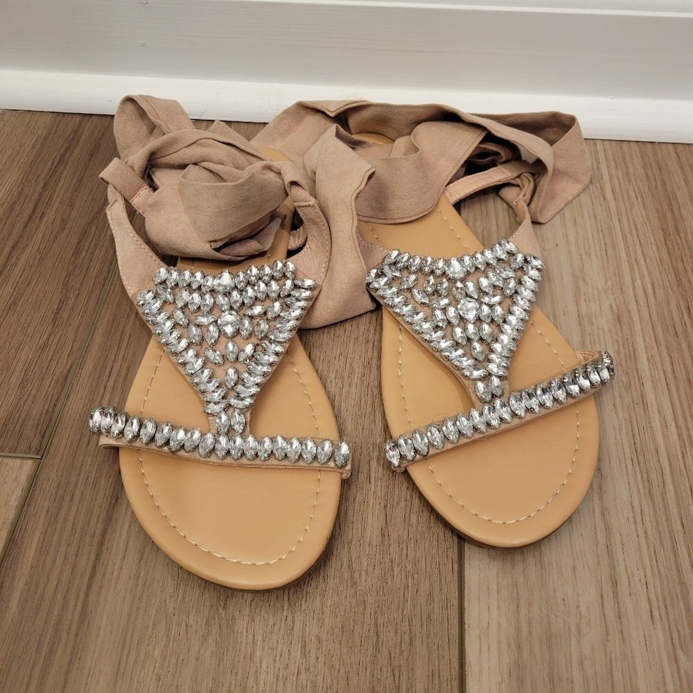 JUSTFAB Razzle Dazzle clear jewel dusty rose ankle wrap sandals size 8